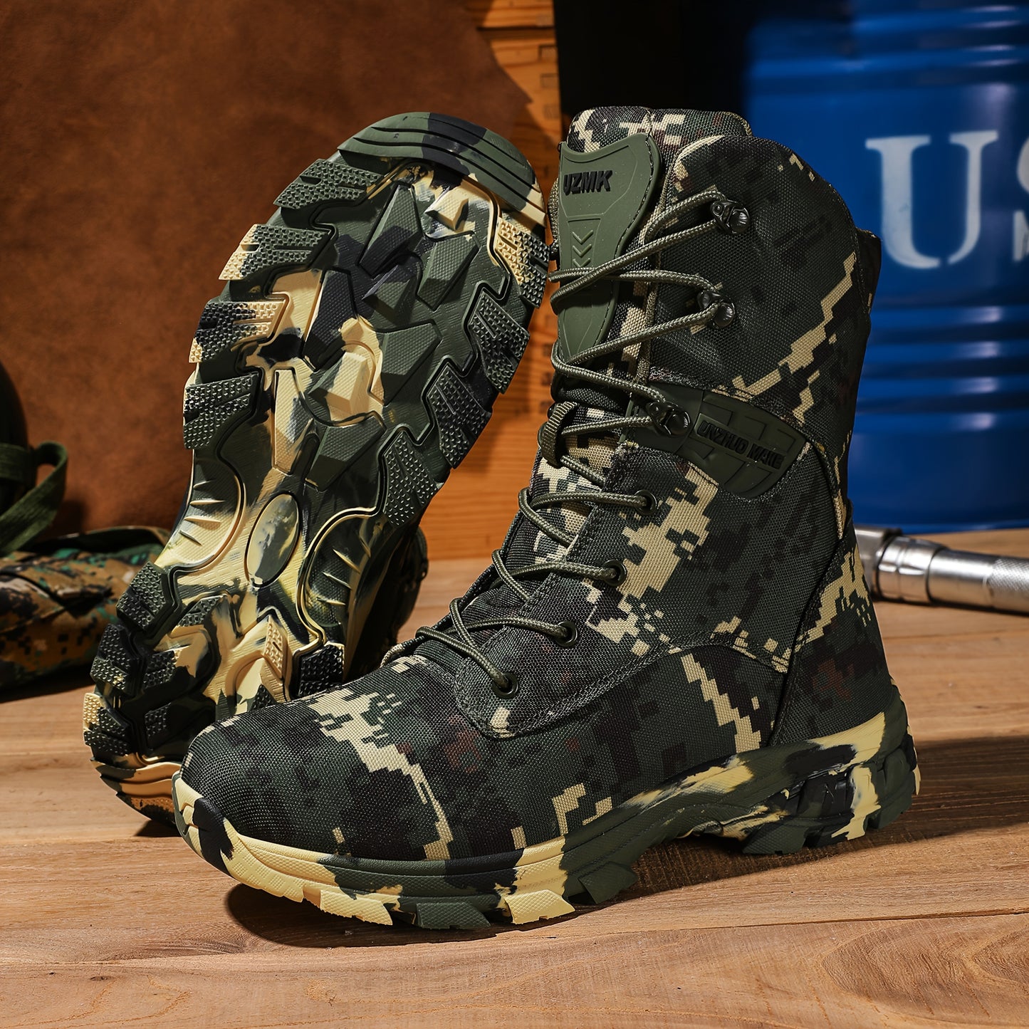 UNZHUO Men's High Top Camouflage Hiking Boots with Zipper Closure, Nylon Upper, Rubber Sole, Non-Slip EVA Insole, Striped Pattern, All-Season Outdoor Footwear.