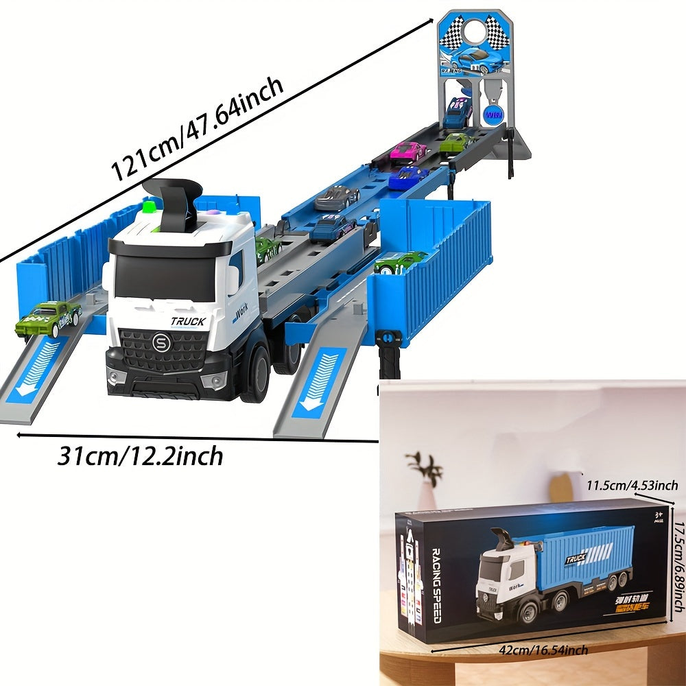 Грузовик-транспортер со мигающими огнями, стартовая гоночная трасса, 8 литых машинок, работающий от батареек, с функцией трения/отталкивания, игровой набор на тему космоса/армии для детей от 3 до 6 лет.