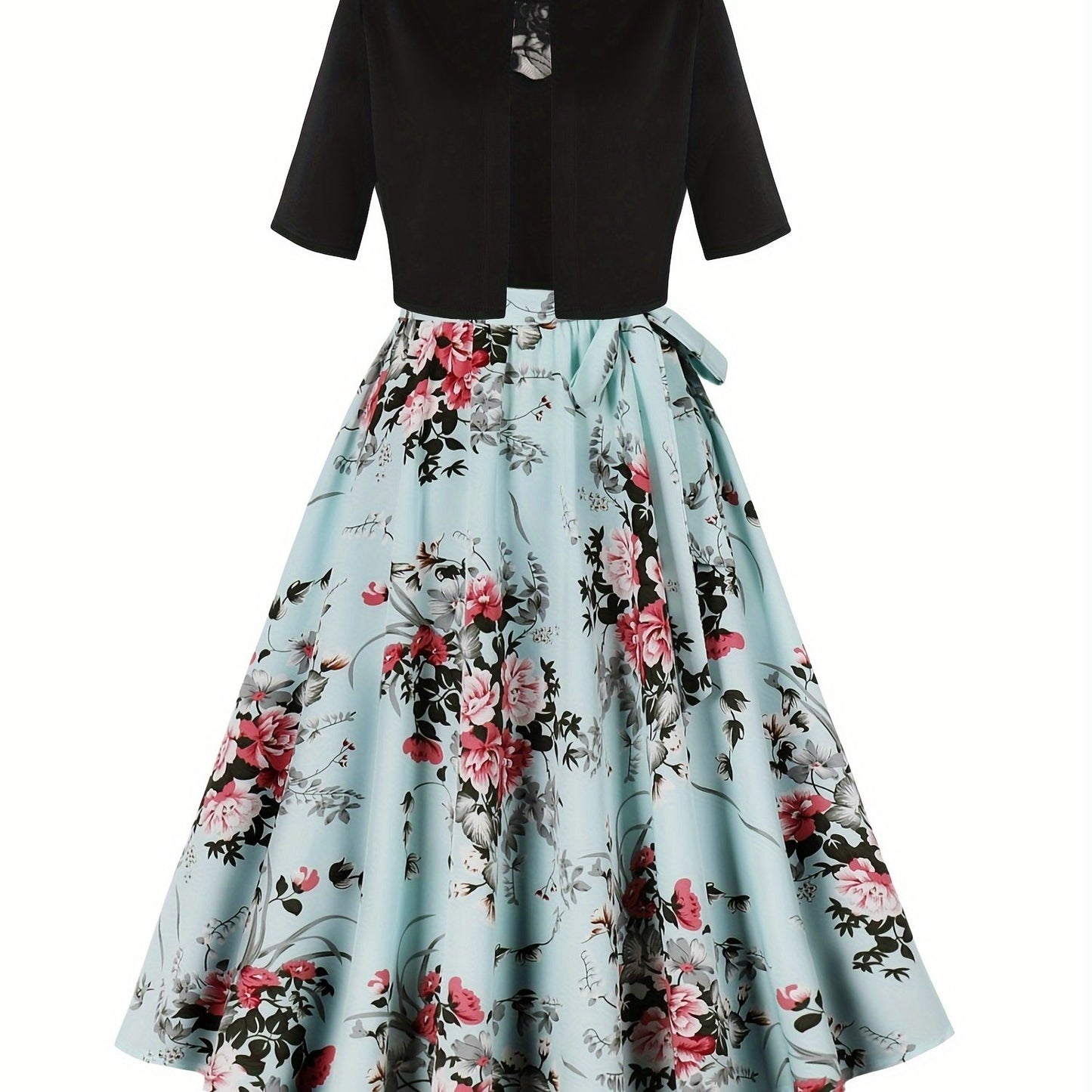 Elegant Floral Print Dress Set with Solid Color Outerwear and Contrast Lace Crew Neck Dress