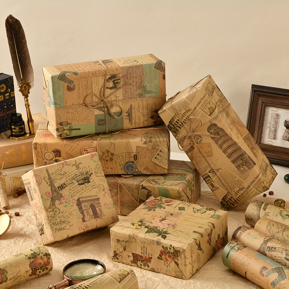 Kraft paper packaging with vintage English newspaper design, featuring creative Eiffel Tower and bicycle prints.