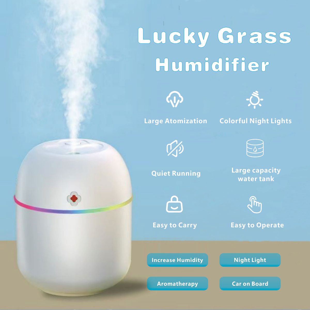 Small humidifier and aromatherapy diffuser that runs on USB power, featuring ambient light - Great for use at home, in the office, or in the car. Makes a perfect gift for Christmas, New Year, Valentine's Day, and weddings.