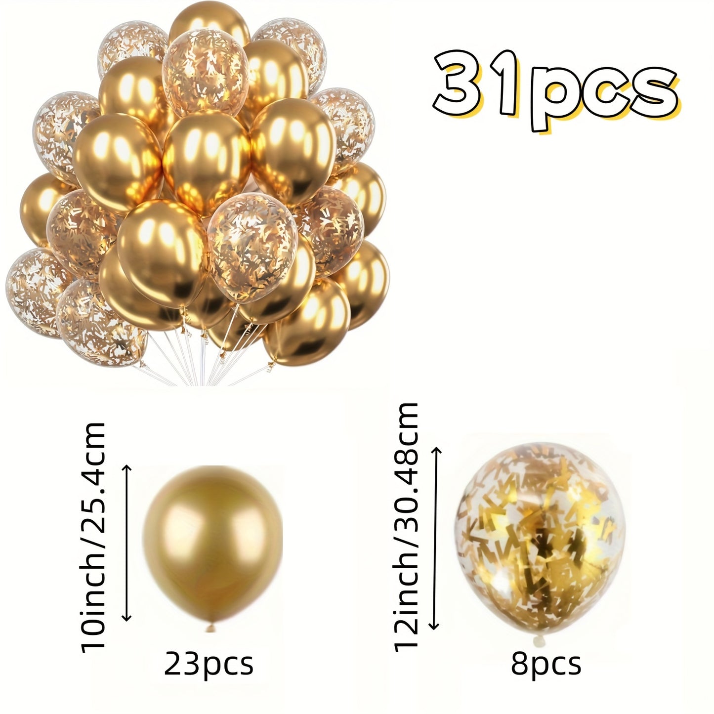 31pcs Luxe Metallic Golden Latex Balloons Set for Wedding, Birthday, Valentine's Day, and Ramadan Mubarak celebrations.