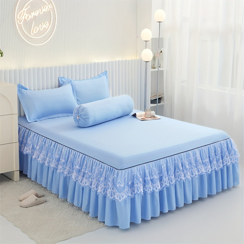 Chic 3-Piece Bed Skirt Set Featuring Double Layer Lace - Comes with 1 Bed Skirt and 2 Pillowcases, in a Solid Color. Non-Slip and Perfect for All Seasons, this Set is Machine Washable for easy care.