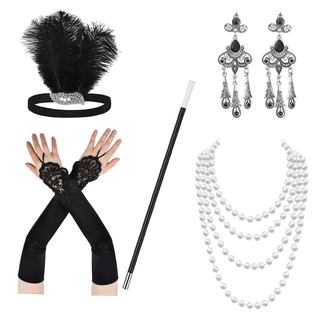 The Gatsby themed set includes a feather headband, gloves, cigarette holder, earrings, pearl necklace, single party makeup, dance Halloween carnival party lady skirt accessories, headwear, hand decoration, long pearl necklace, simulation pipe, and a