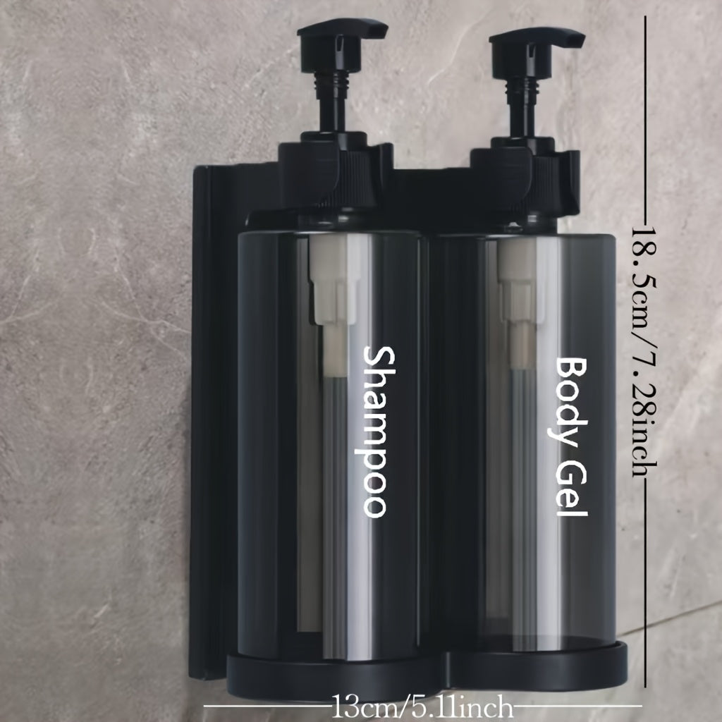 Wall-mounted soap dispenser made of plastic material suitable for hotel bathrooms and household shower storage. Can hold shampoo, hair conditioner, and body wash.