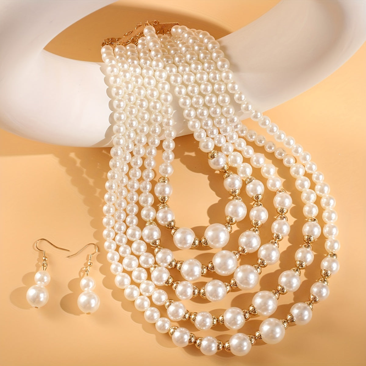 Valentine's Day Special: Elegant Vintage-Inspired Multi-Layer Imitation Pearl Jewelry Set with Necklace and Earrings, Beaded Material, Unplated, Ideal for Weddings and Gifting, Perfect for Any Season