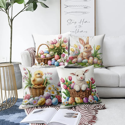 Set of 4 Easter floral throw pillow covers made of soft polyester with zip closure, hand washable. Ideal for sofa, home decor, office, and living room. No insert included. Single-sided printing.