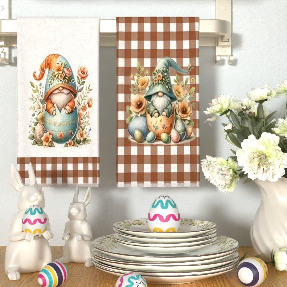 Set of 2 Adorable Easter Gnome and Floral Egg Kitchen Towels - 45.72x66.04cm - Made of Soft and Absorbent Polyester - Features Brown Checkered Borders - Perfect for Adding a Touch of Spring to Your Kitchen or Bathroom - Great for Use as Hand or Face