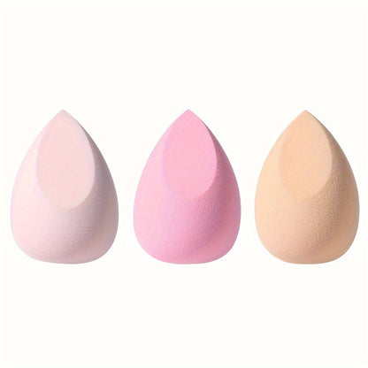 Set of 3 makeup sponges for dry and wet use, expanding egg-shaped cosmetic sponges for foundation and concealer application.