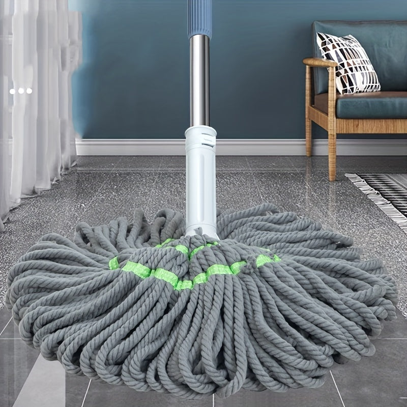 Hands-Free Rotating Mop for bedroom, bathroom, kitchen, living room; self-twisting, stainless steel and plastic.