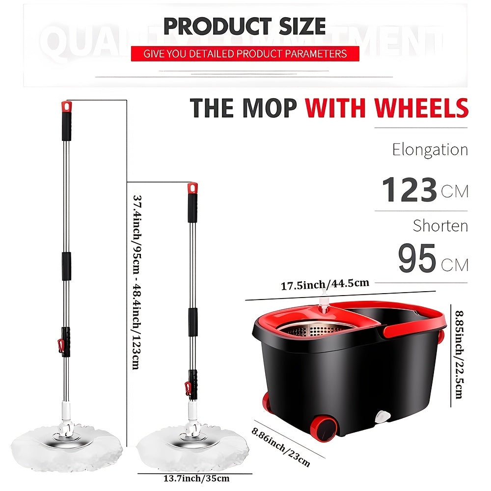 Premium Spin Mop and Bucket Set with Wrist Strap, Includes 4 Microfiber Replacement Heads, 2 Rolling Wheels, Hands-Free Floor Cleaning Kit for Living Room, Bedroom, Bathroom, and Kitchen - Made with Long-lasting Plastic Material