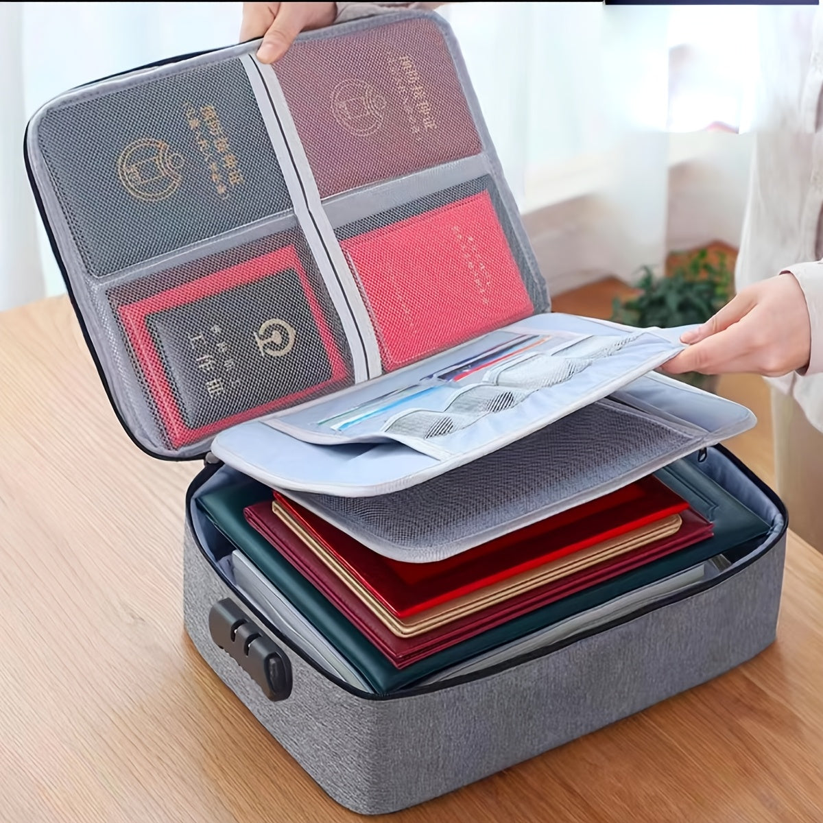 Large capacity multi-layer polyester document organizer for credit cards, driver's license, and important files.