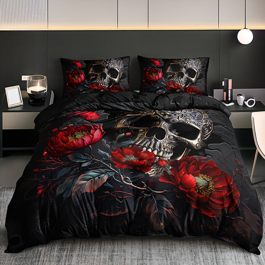 Gothic Skull Floral Duvet Cover Set - 3 Pieces (1 Duvet Cover + 2 Pillowcases, Pillow Inserts Not Included). Soft and Breathable HD Printed Bedding Set for Home and Dorm Decoration, Perfect for Halloween.