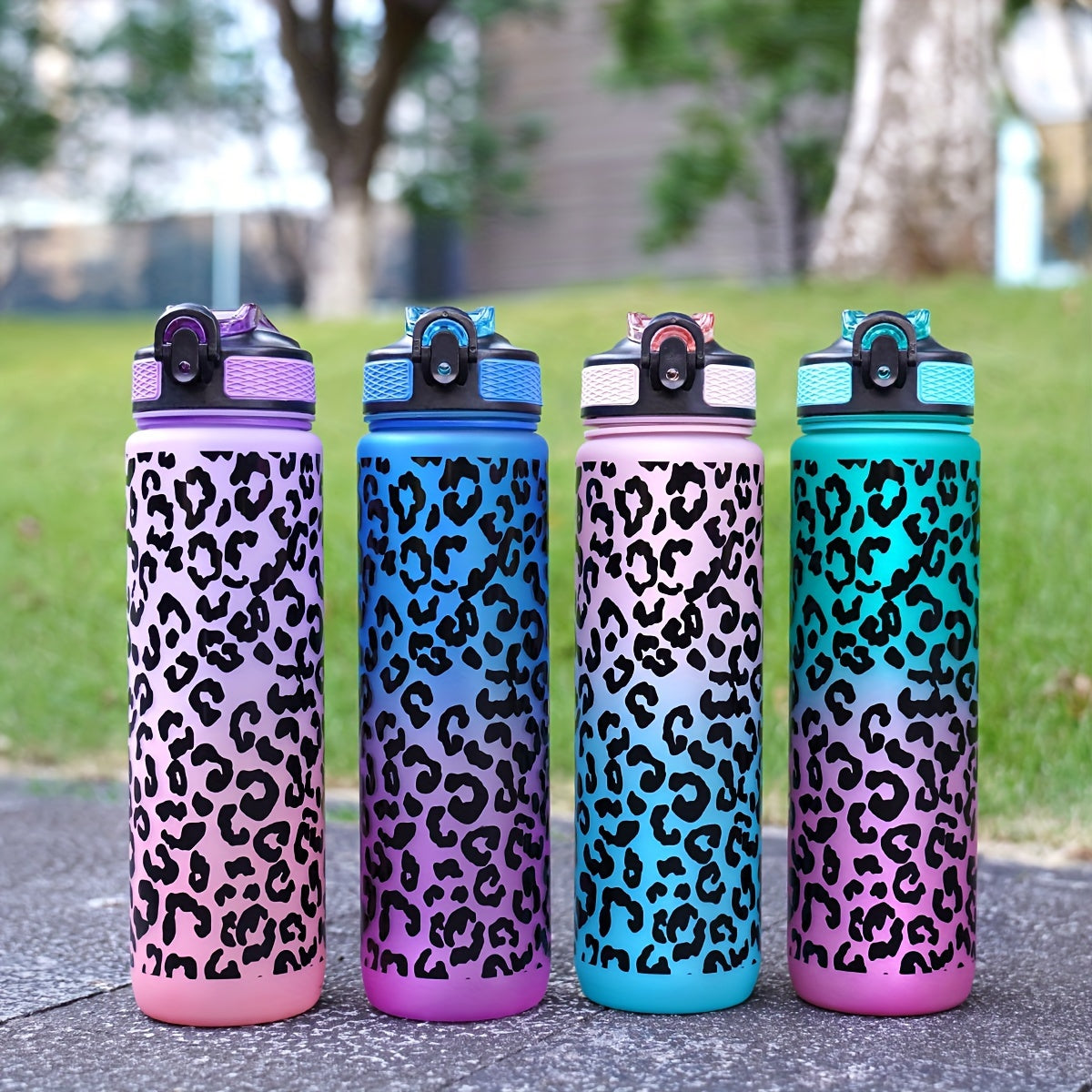 32oz Leopard Print Gradient Straw Cup - BPA-free suv shishasi uy va ochiq sportlar uchun, piyoda sayohat, lagerda qolish, fitnes uchun ideal - ajoyib bayram sovg'asi