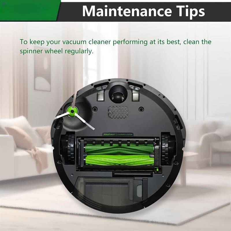 The tire replacement is compatible with Irobot Roomba vacuum models 500, 600, 700, 800, 900, E5, E6, and I7 series. It includes a pair of tires and one front wheel assembly.