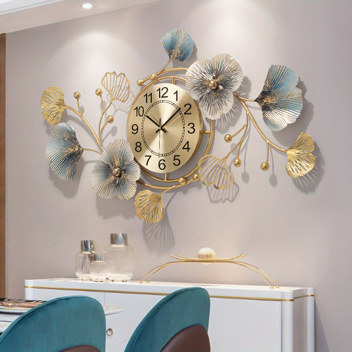 Stylish Ginkgo Leaf Metal Wall Clock - Quiet, Luxurious Floral Design for Various Spaces, Battery Operated (AA Not Included)