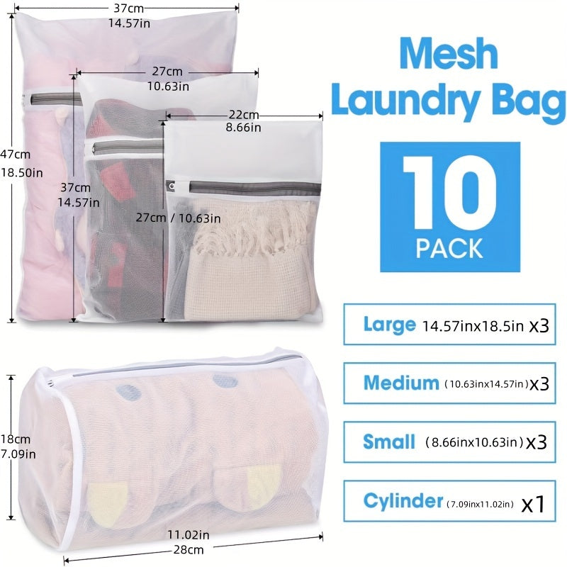 Get this set of 10 Exquisite Mesh Laundry Bags in 4 different sizes with high quality zippers. This durable set includes Underwear Washing Bags and Travel Laundry Bags, with 3 Large, 3 Medium, 3 Small, and 1 Cylinder bag included. Ideal for keeping your