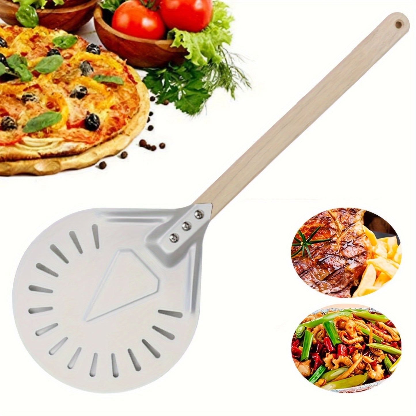 Pizza shovels with wooden handles measuring 8 and 22.86 cm, made of stainless steel