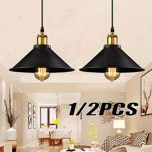 1 or 2 industrial pendant lights with E27 bases, vintage retro style, suitable for home, kitchen, or bar lighting.