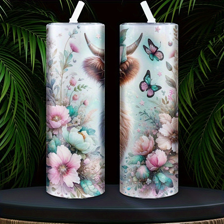 20oz Highland Cow and Floral Themed Stainless Steel Tumbler, perfect for Mother's Day, Father's Day, Birthdays, and Parties - Hand wash only, PVC free (1 Pack).