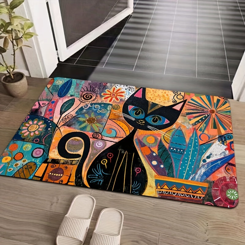 Abstract Art Cat Doormat - Easy to Clean in Washing Machine, Non-Slip PVC Backing, Made of Durable Polyester - Rectangle Mat for Bathroom, Kitchen, Living Room, or Bedroom - Stylish Entryway Decor Rug