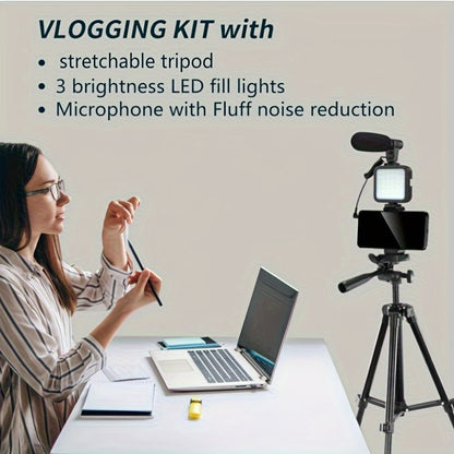 Complete Vlogging Kit includes portable tripod, pocket light, beauty fill light, microphone, ideal for live streaming & photography, USB connection, in black