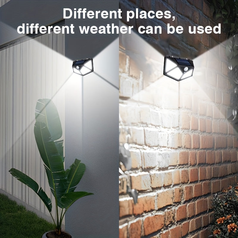 Solar-powered wall light with motion sensor, touch control, rechargeable, energy-efficient outdoor lighting, easy installation, no wiring needed.