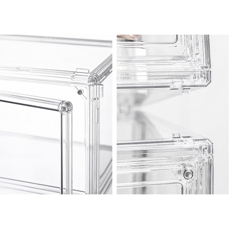 Transparent acrylic display cabinet with dust-proof stacking locker, perfect for home and office. Capacity under 3.2 cubic feet, assembly required.