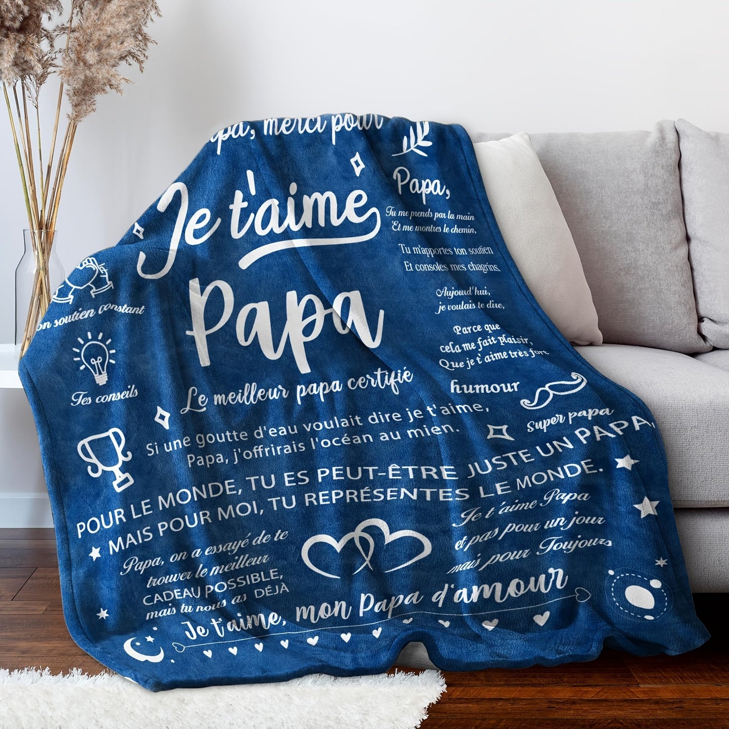 Soft and cozy Contemporary French Letter Print Flannel Throw Blanket is hypoallergenic, machine washable, tear-resistant, and multipurpose. Perfect for couch, bed, camping, and travel, this blanket is an ideal gift for Dad for all seasons. Includes 1