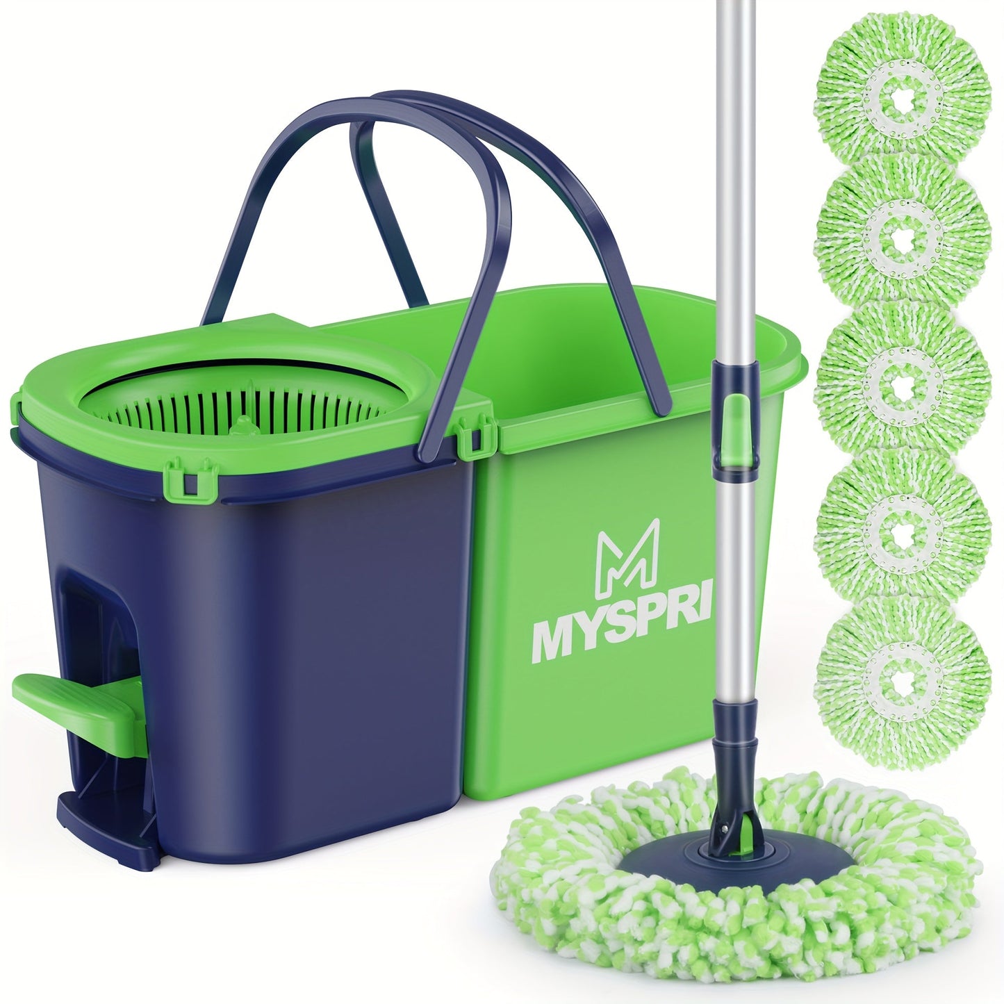 Introducing the MySpry Spin Mop and Bucket Set - A Heavy Duty Floor Cleaning System with Wringer. Say goodbye to needing electricity as this set is perfect for use in your Living Room, Bedroom, or even outdoors. Made of durable plastic material in a