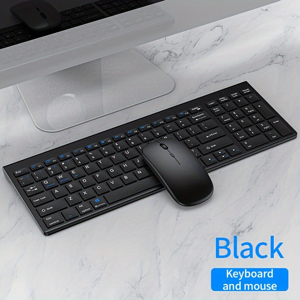 Rechargeable full-size wireless keyboard and mouse combo for multiple devices.