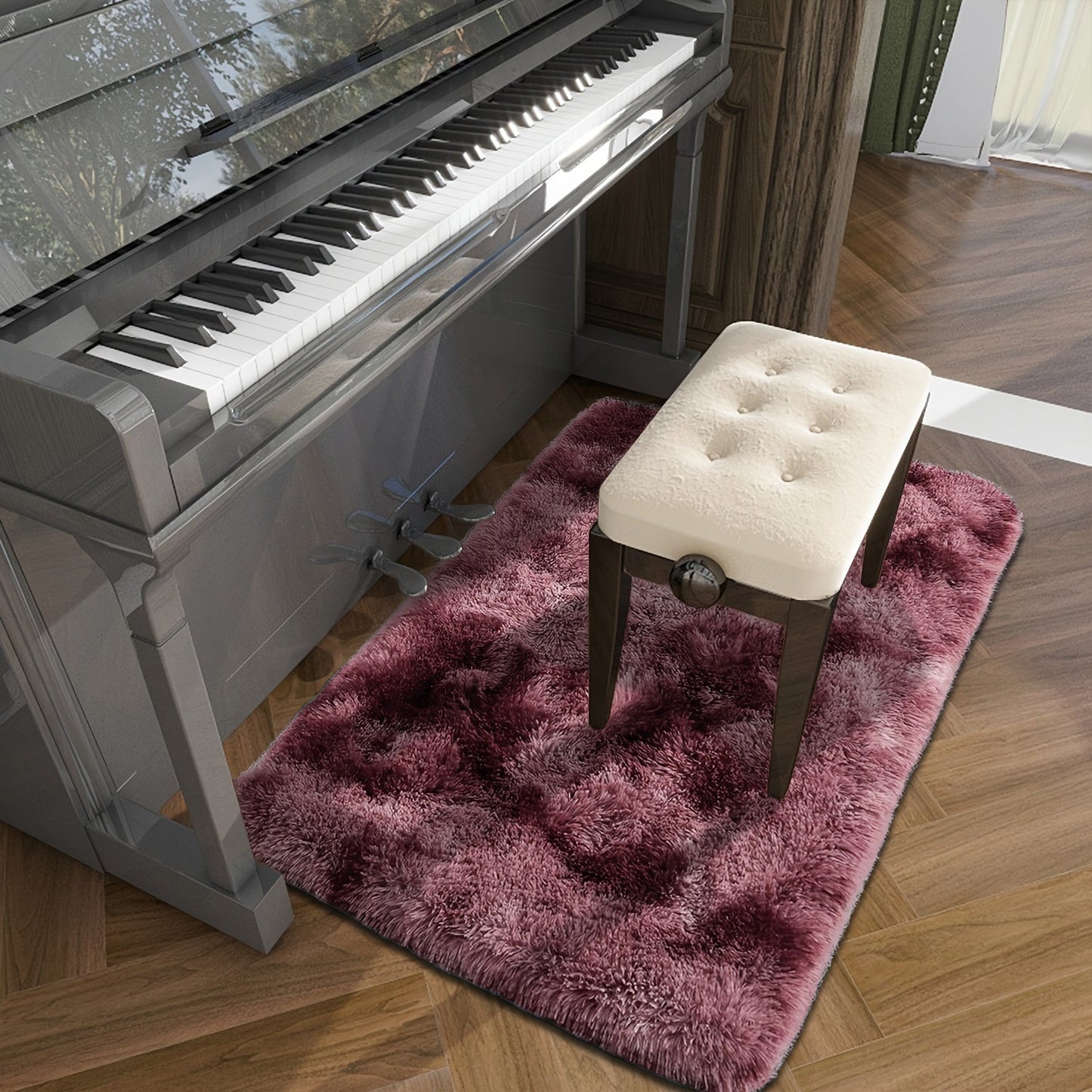 Soft and luxurious long plush silk fleece rectangular carpet rug, featuring a Nordic style design with a tie-dye gradient color scheme. The non-slip bottom ensures safety, while the soft and comfortable shaggy carpet is non-shedding. This stylish machine