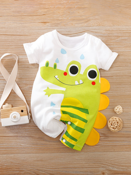 1pc Baby Boys Cotton Jumpsuit with Cute Cartoon Crocodile Print, Regular Fit Knit Fabric Romper ideal for Spring/Summer outdoor activities