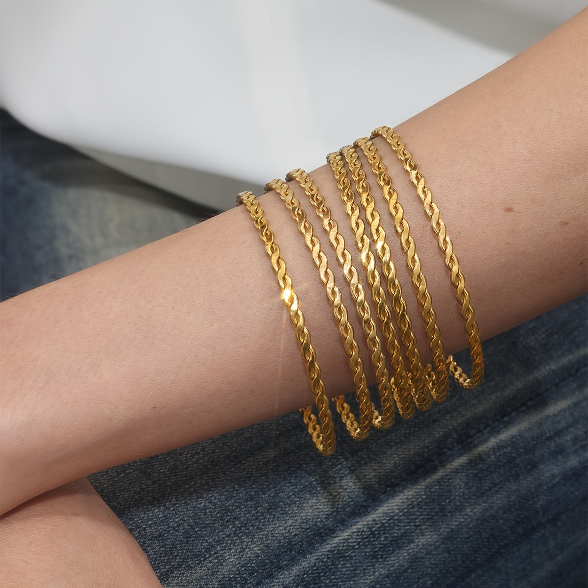 Set of 7 Vintage Boho Bangle Bracelets featuring a Simple Weave Design, 18K Golden Plated Stainless Steel, Ideal for Women for both Everyday and Special Occasions