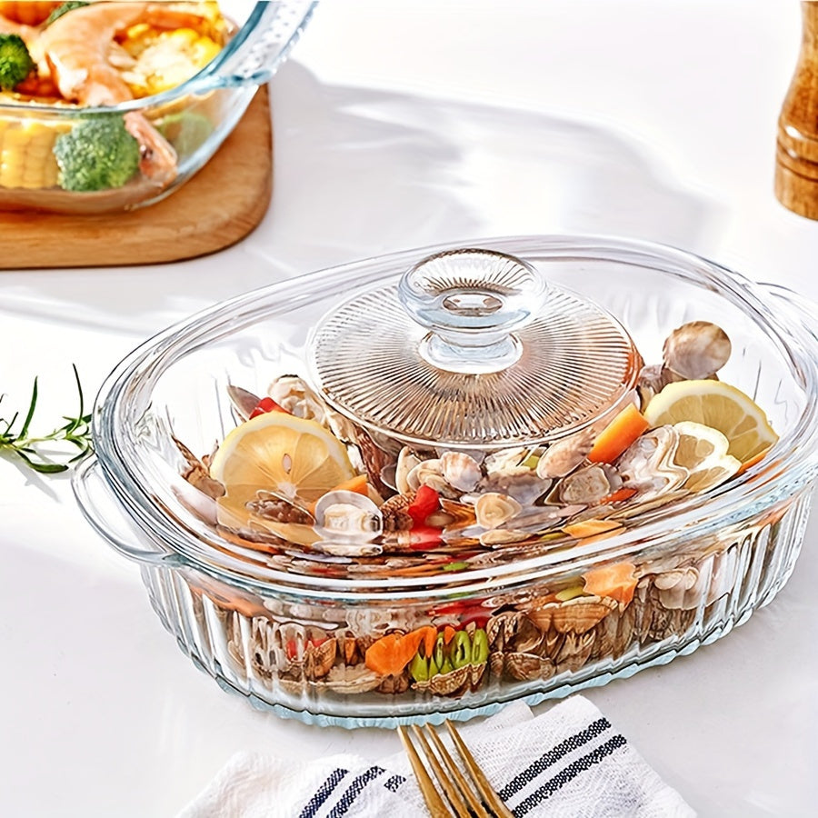 Yumiplus Oval Glass Casserole Dish Set with Lid - Made of High Borosilicate Transparent Cookware, Featuring Dual Handles for Easy Handling - Perfect for Steaming, Baking Fish, Vegetables, Salads, Pasta - Dishwasher Safe and Available in 60.8oz/94.6oz