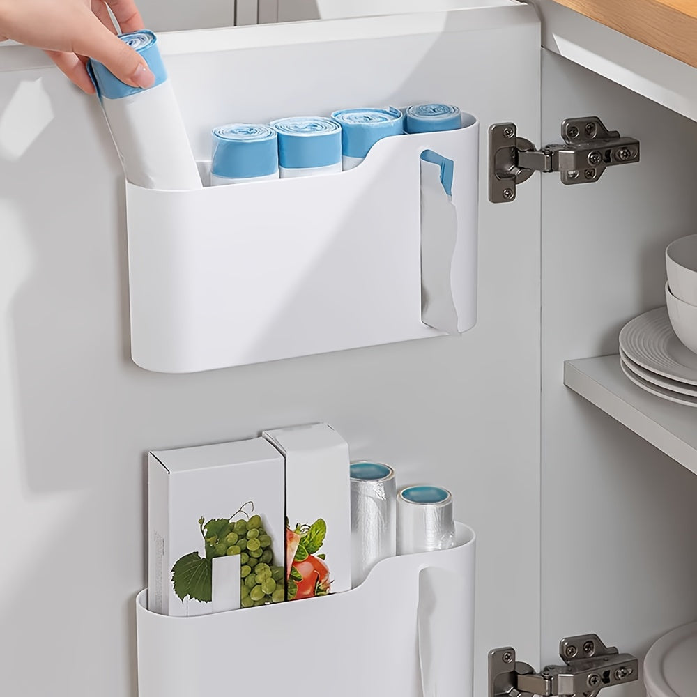 Get organized with the 1pc Plastic Bag Holder! This wall-mounted Garbage Bag Storage Box is a multifunctional Trash Bag Dispenser perfect for storing plastic wrap and roll paper in your kitchen and bathroom. Keep your home tidy with this handy organizer