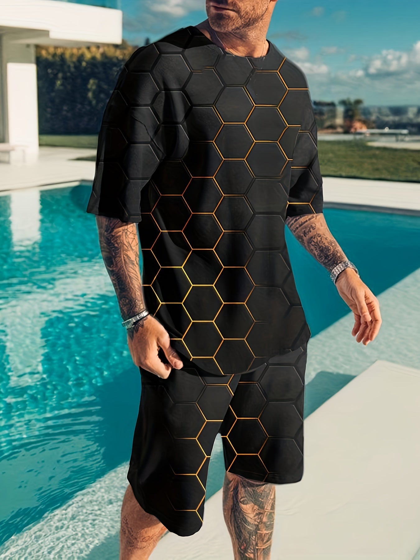 Men's plus size t-shirt and shorts set with honeycomb texture and letter print, ideal for casual sportswear.