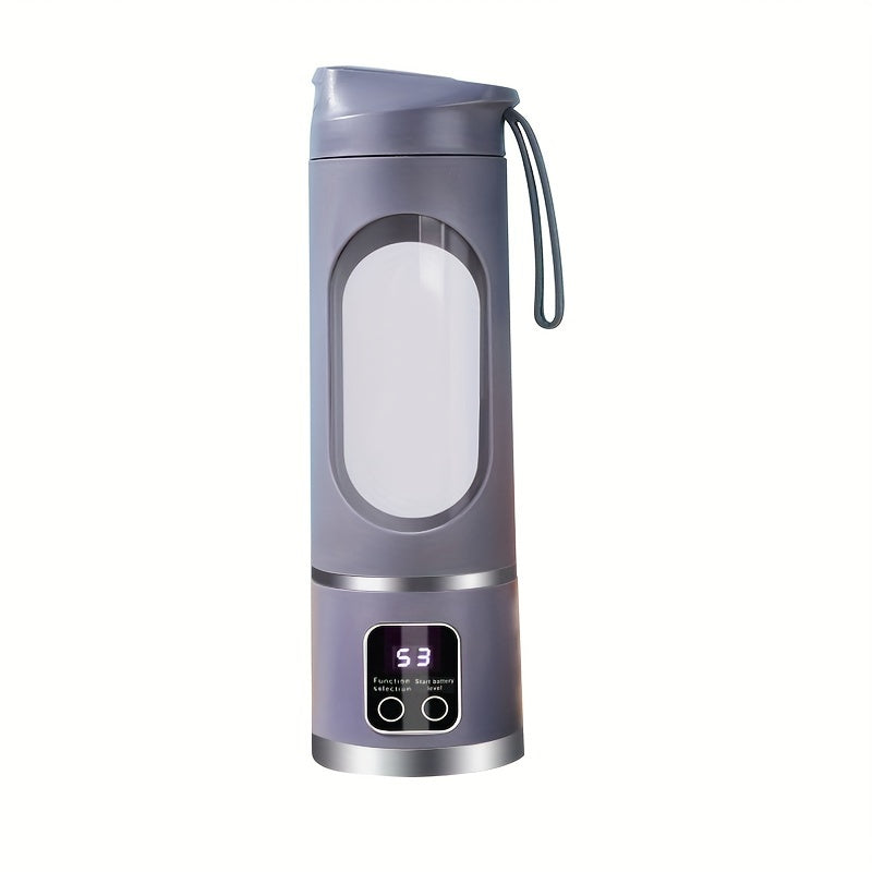 One-piece USB Rechargeable Portable Juicer with Mini Blender and Ice Crusher features three modes, a digital display, 12 blades, and a 450ml capacity. This easy-to-clean appliance is perfect for travel and preparing fresh juice in the kitchen.