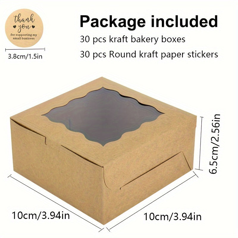 Box of 30 brown bakery boxes with windows, perfect for packing cookies, cakes, and macarons. These disposable paper bread containers have a square flip top design, ideal for packaging desserts and supporting small businesses.