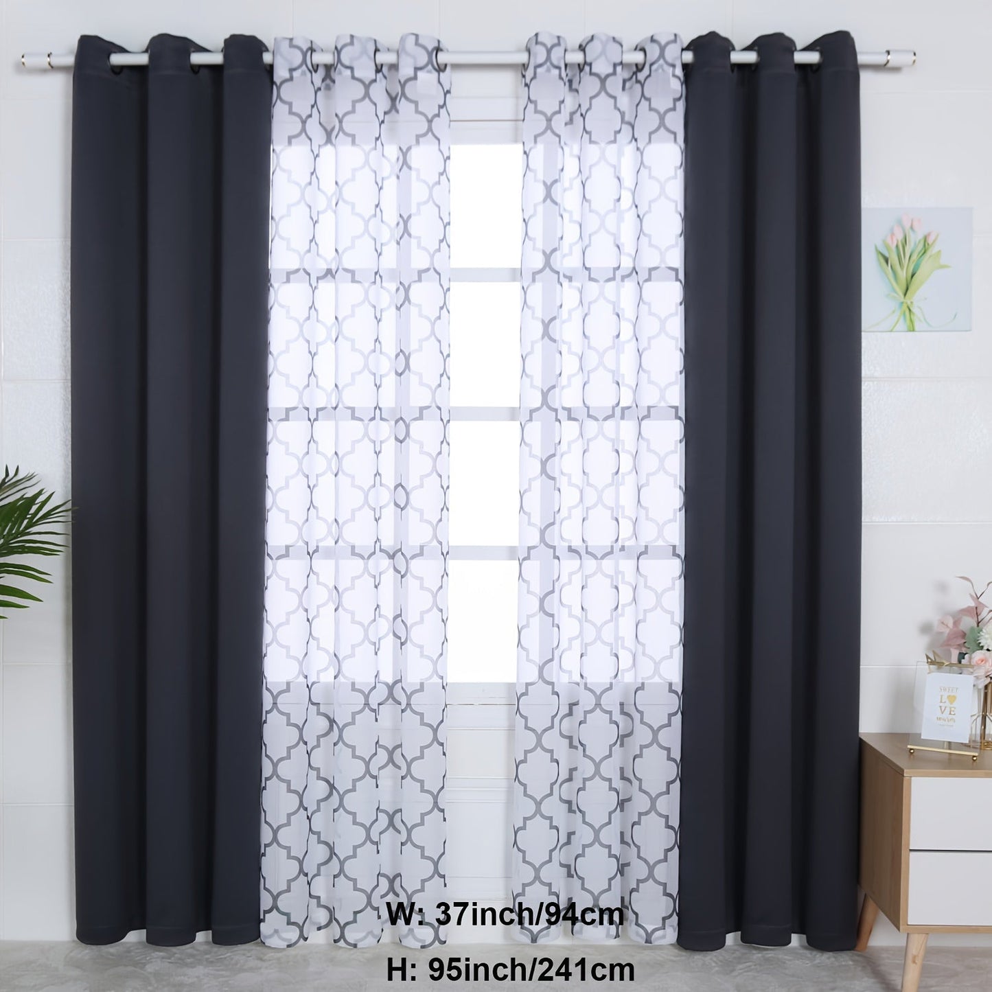 Blackout Curtains and Sheer Panels with Snowflake Pattern, Including Rods, Indoor Set of 4, Weighing 200 Grams in Total.