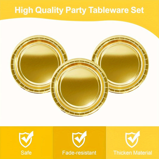 Golden Aluminum Plates, available in packs of 10 or 20, in sizes of 17.78cm or 22.86cm, perfect for all occasions. These round foil disposable party plates are uncoated and can be used for serving dessert, cake, or dinner. Ideal for Christmas, Halloween