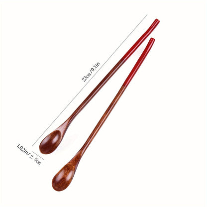 Long handle log coffee spoon set, including stirring spoon, honey spoon, small spoon, and wooden mouth spoon.