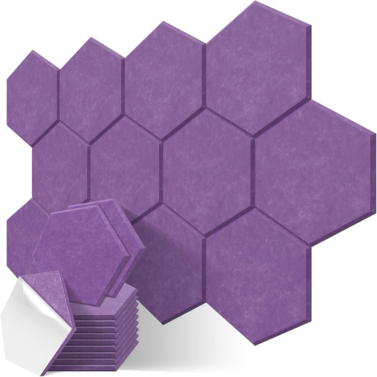 12-pack of hexagonal soundproof foam panels with self-adhesive backing, flame retardant properties, and dimensions of 30.48cm x 25.4cm x 1.02cm. Ideal for noise reduction and echo