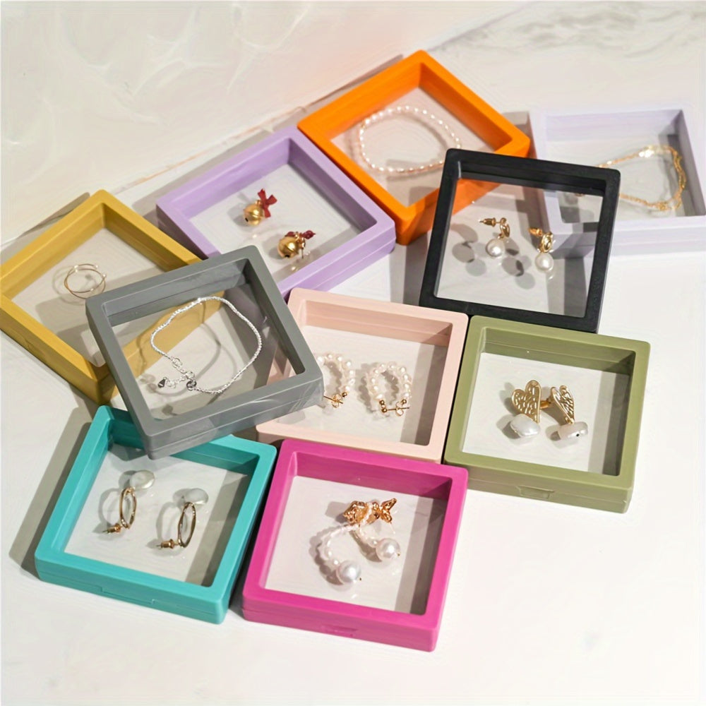 10-pack of floating jewelry boxes for rings, bracelets, earrings, and necklaces.