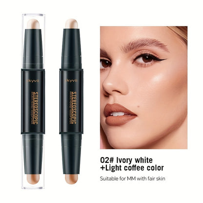 Dual-headed contouring stick for highlighting and shading to create a three-dimensional V-shaped nose shadow and high nose effect.