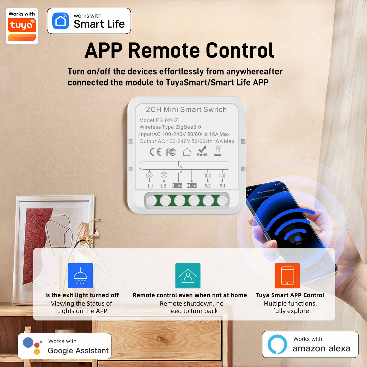 WiFi Mini Smart Switch with Voice & App Control, Timer Function, No Hub Required, Compatible with Alexa/Google Home, Available in 1/2/3/4 Gang options.