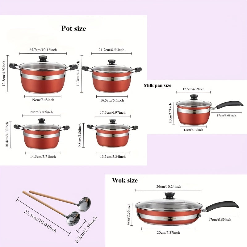 Set of 12-14 stainless steel pots, including a practical soup pot, frying pan, and spoon. Compatible with both induction cookers and gas stoves.