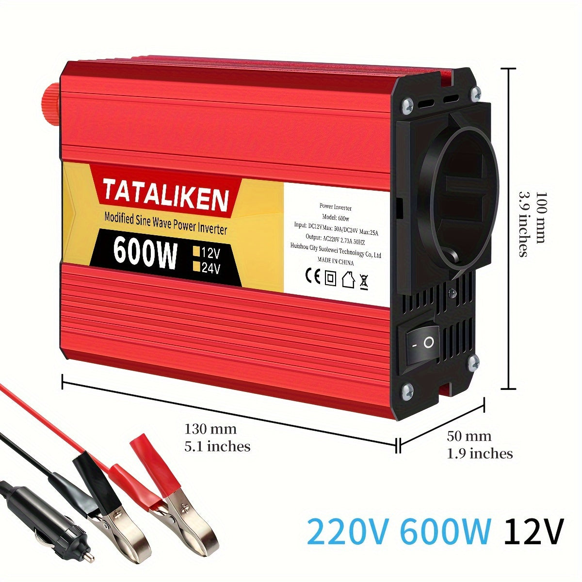 2500W-600W car power inverter with multi-function charger plug, converting DC 12V to AC 220V. Includes USB charger for RV, travel, and Euro regulation sockets. No battery required.