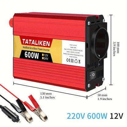 2500W-600W car power inverter with multi-function charger plug, converting DC 12V to AC 220V. Includes USB charger for RV, travel, and Euro regulation sockets. No battery required.