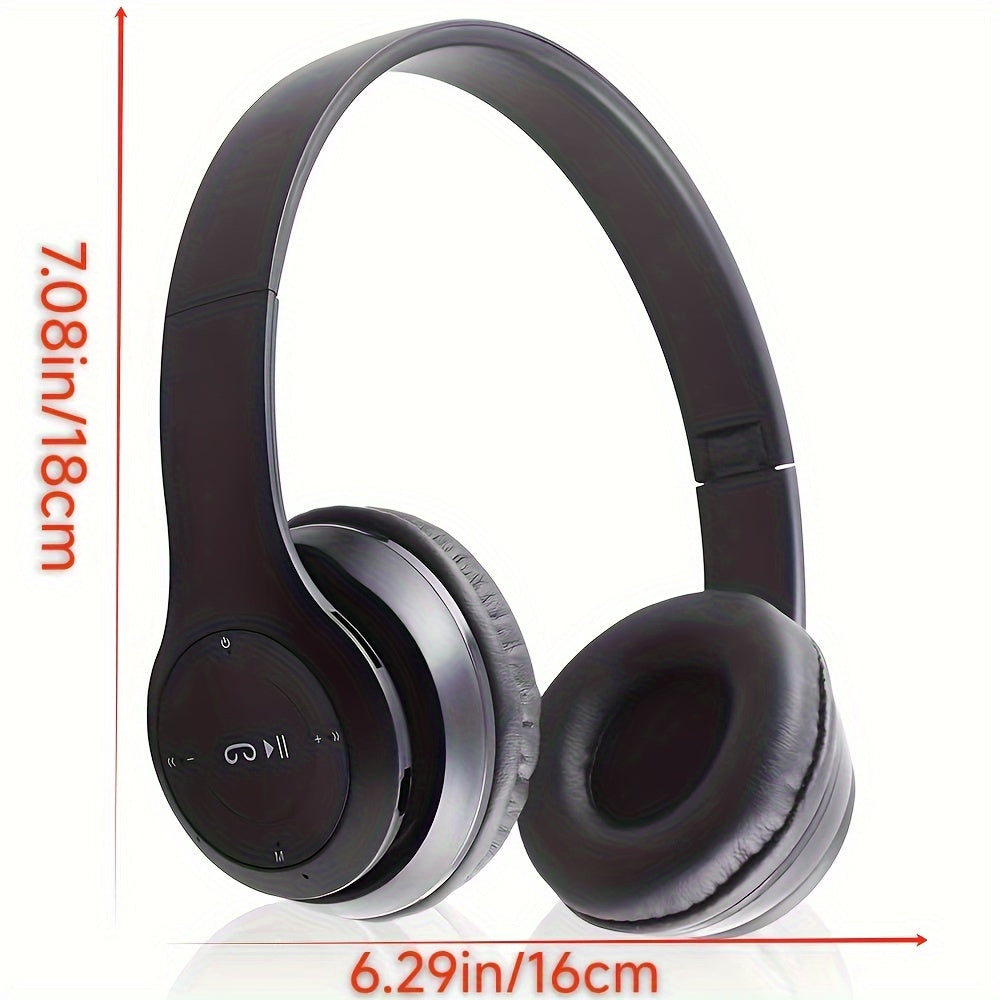 Wireless foldable headphones with hi-def sound, mic for gaming, rechargeable battery, adjustable headband, padded earcups, and available in multiple colors.